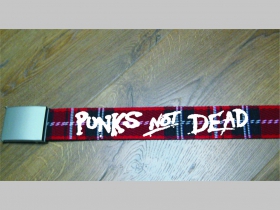 Punks not Dead -  červeno-bielo-čierny textilný opasok " Škótske káro " so zapínaním na posuvnú kovovú pracku